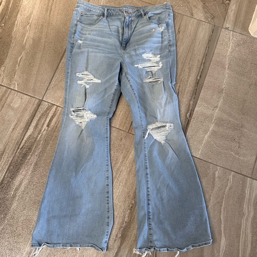 American Eagle Outfitters Blue Distressed Wide Leg Jeans